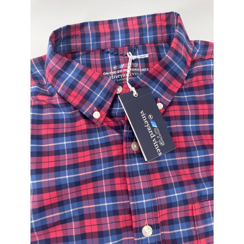 Vineyard Vines OTG Performance Shirt Mens Large Red Blue Gingham Button Down NWT